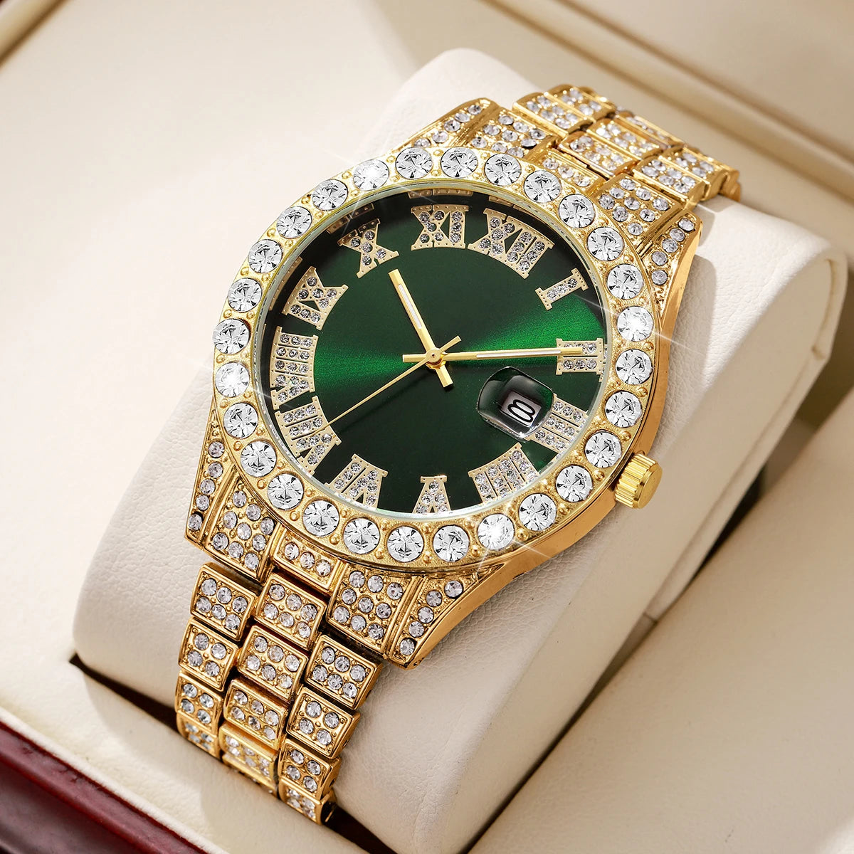 Reloj de pulsera de cuarzo para hombre, de acero inoxidable, con diamantes, calendario y fecha.