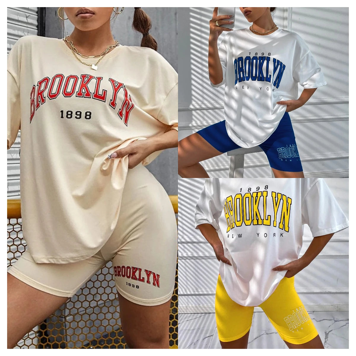 Conjuntos de verano para mujer, camiseta holgada informal, pantalones cortos ajustados