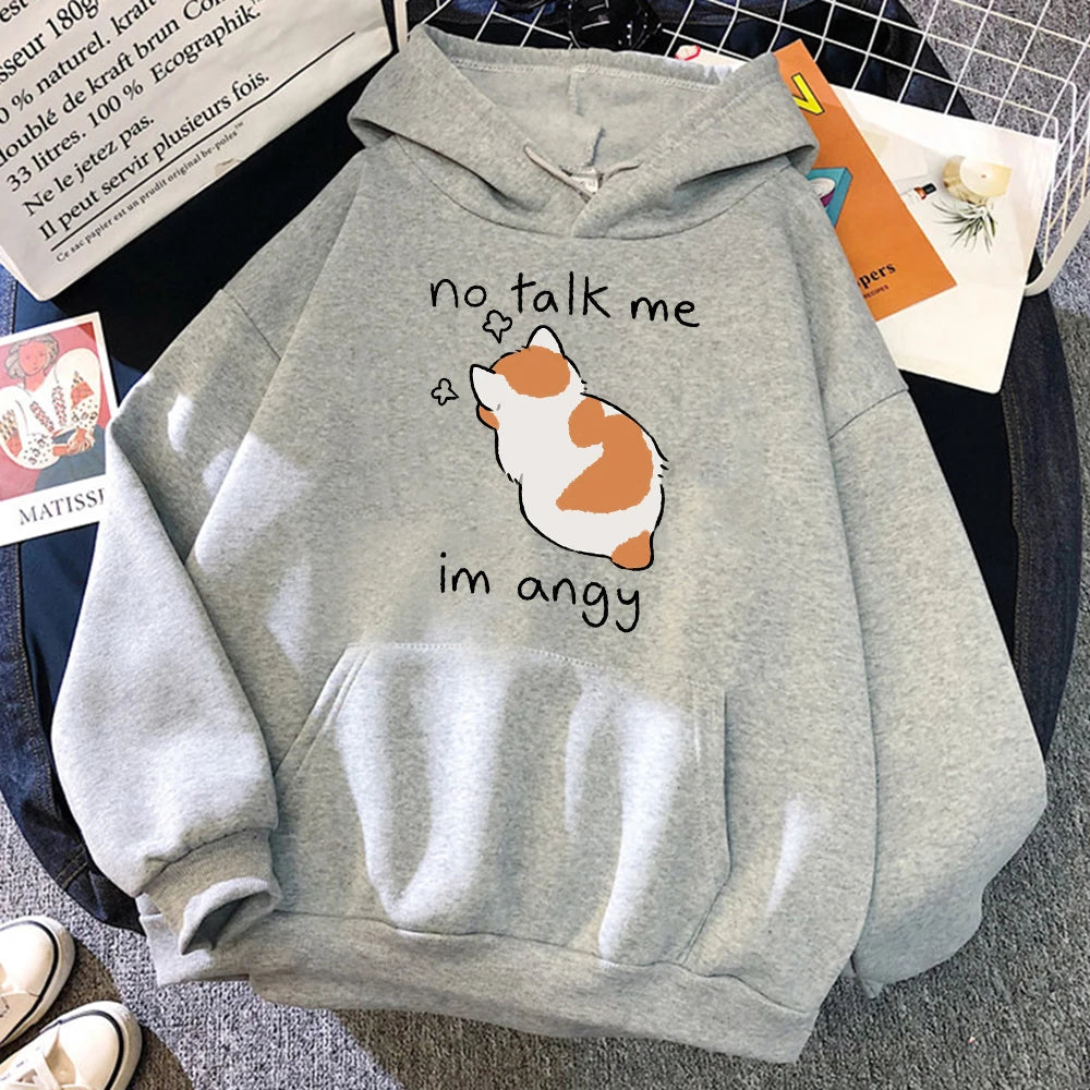 Sudadera con capucha con estampado de gato enojado para mujer, sudaderas suaves, jerséis de lana informales, ropa de calle de lana de gran tamaño para mujer