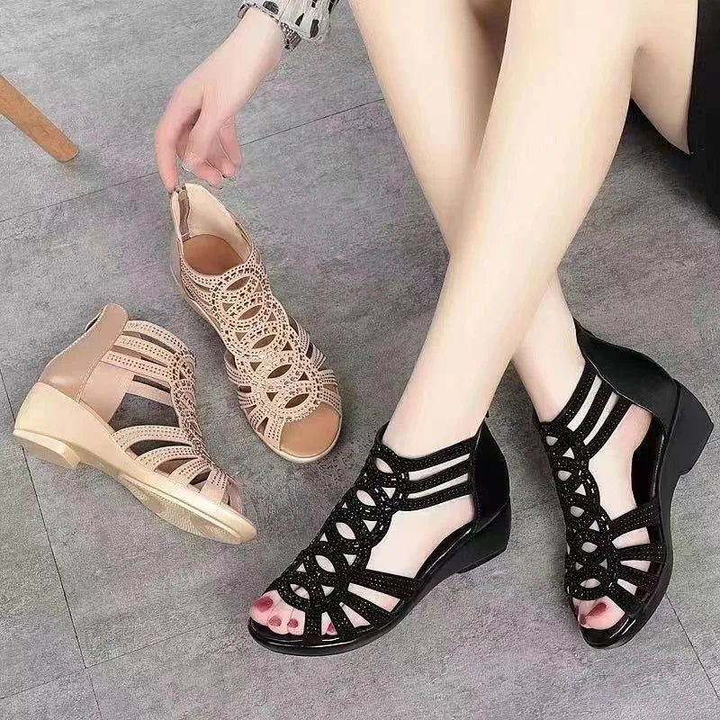 Sandalias romanas de cuero suave para mujer, zapatos de cuña con suela suave, informales, de diseñador, de moda