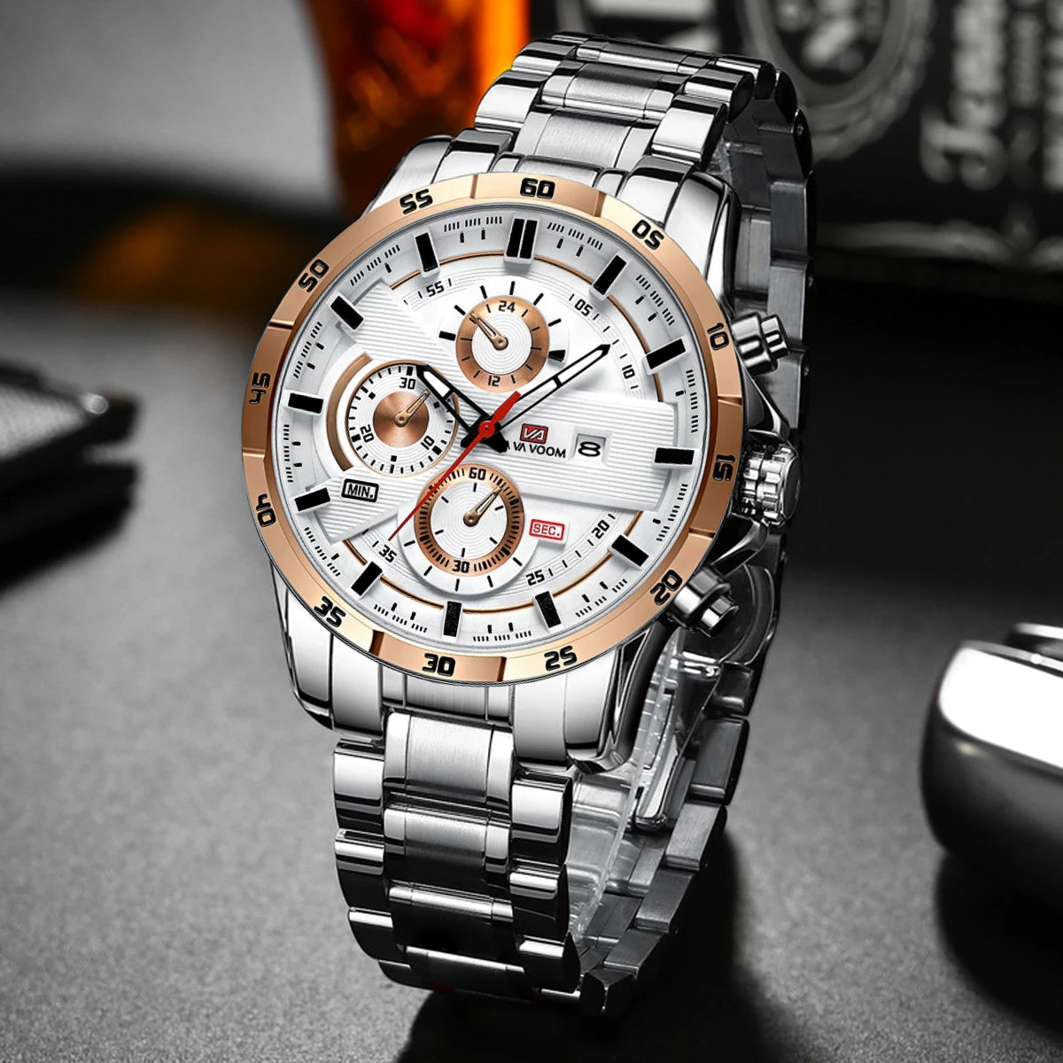 Reloj deportivo para hombre, de cuero, estilo de carreras, informal, de moda, original, negro, oro rosa, calendario, reloj de cuarzo.