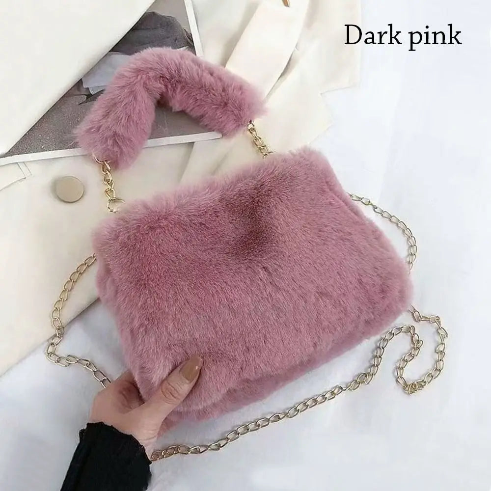 Bolso de hombro mullido para mujer, bolso de invierno con cadena para debajo del brazo, bolso de mano de color liso, bolso con asa de felpa suave.