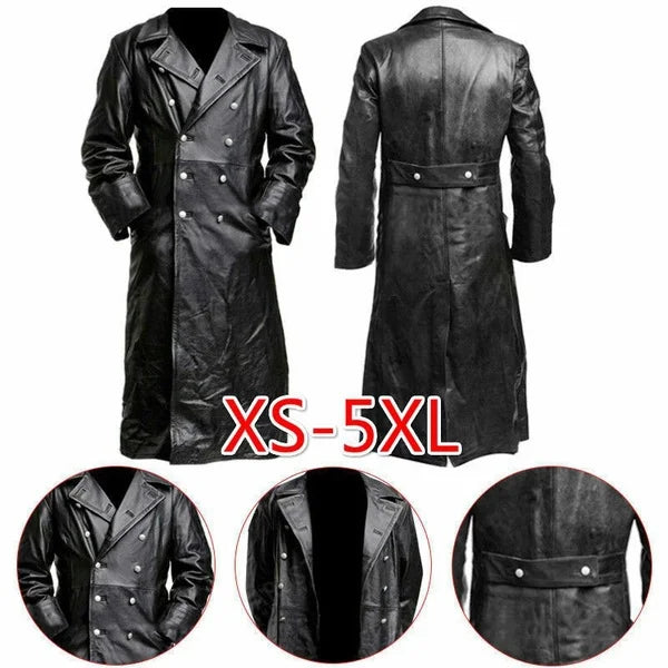 Abrigo de gabardina de cuero negro de oficial de uniforme militar clásico