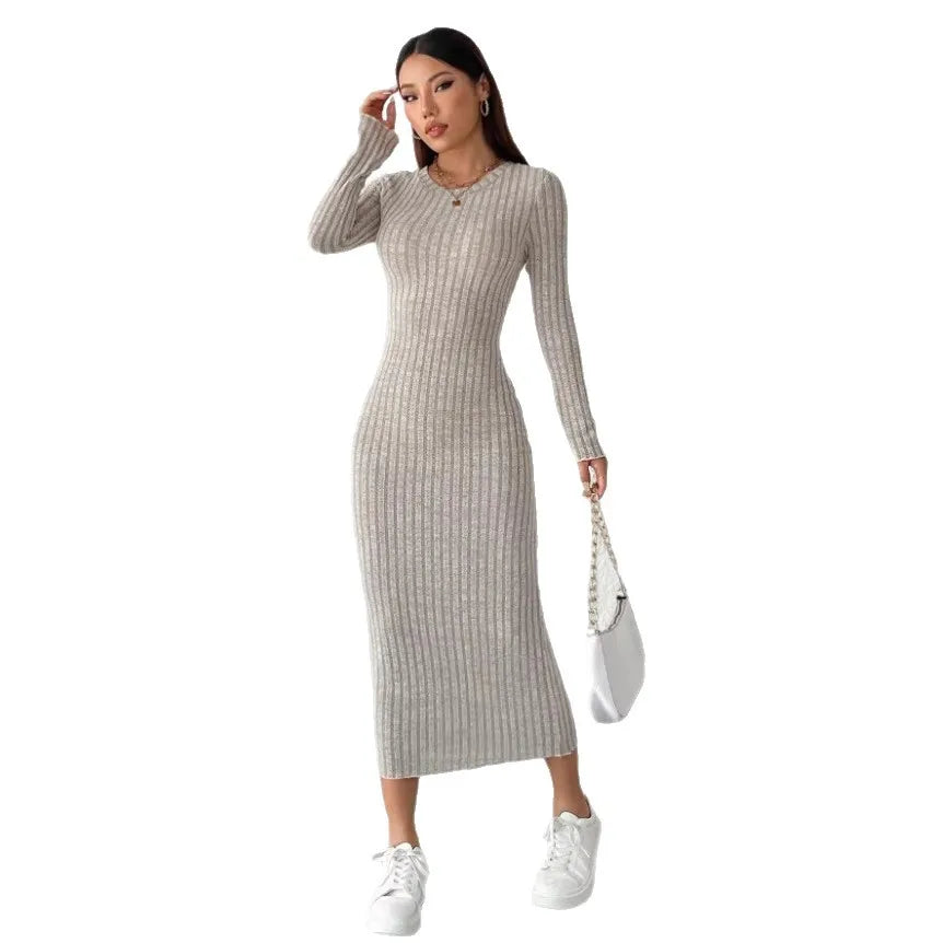 Vestido de punto de manga larga con cuello redondo para mujer