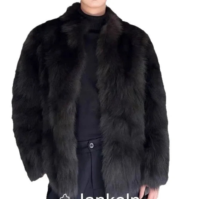 Abrigo de piel sintética grueso para hombre, nuevo estilo de invierno, cuero y piel integrados, abrigo de abrigo para hombre con apariencia de zorro negro de
