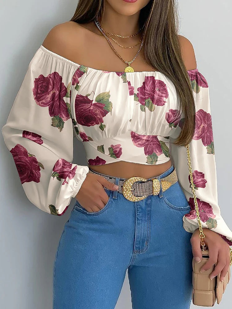 Blusa con hombros descubiertos para mujer, elegante con estampado