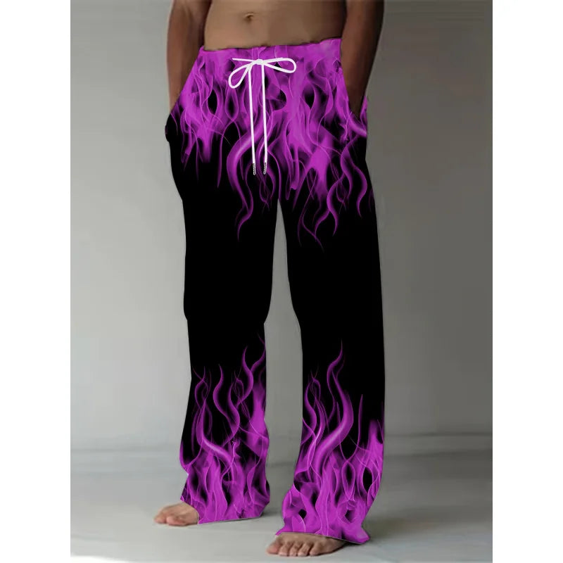 Pantalones de moda de verano para hombre, pantalones de pierna recta con estampado de llamas Retro informales, pantalones holgados con cordón como regalo