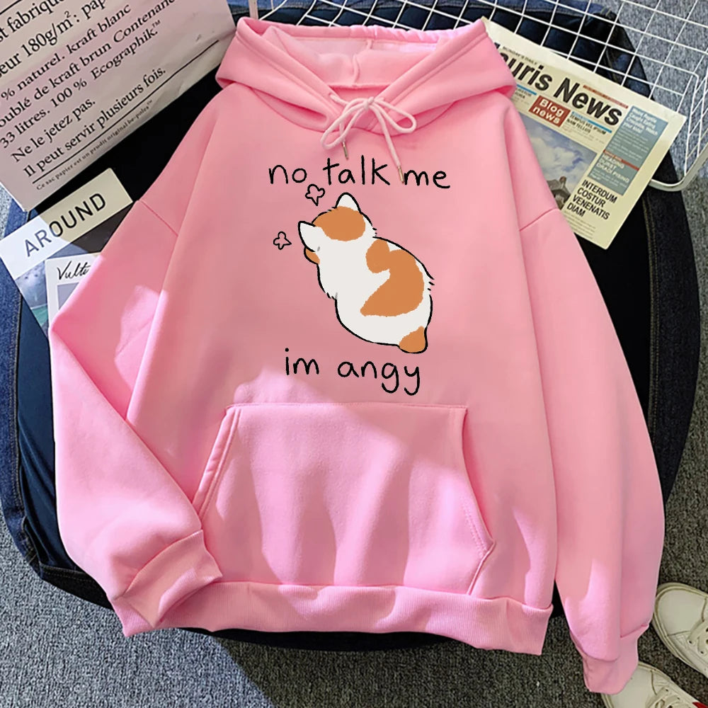 Sudadera con capucha con estampado de gato enojado para mujer, sudaderas suaves, jerséis de lana informales, ropa de calle de lana de gran tamaño para mujer