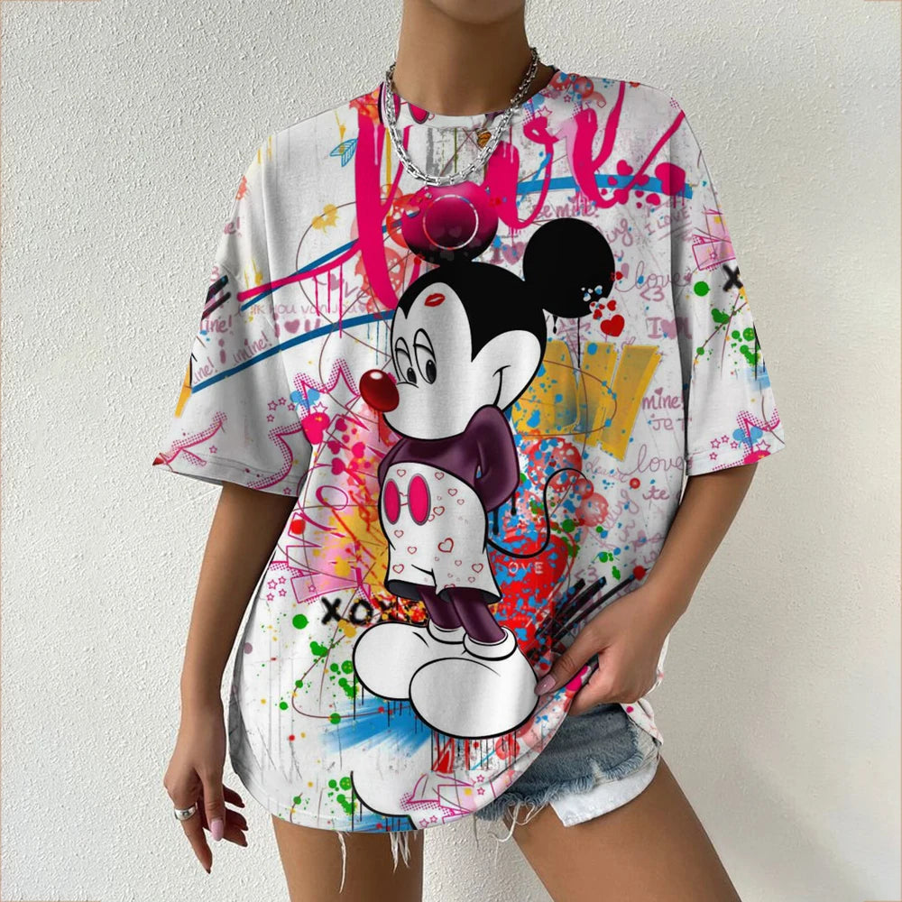 Camiseta de verano de manga corta para mujer, con estampado de cuello redondo