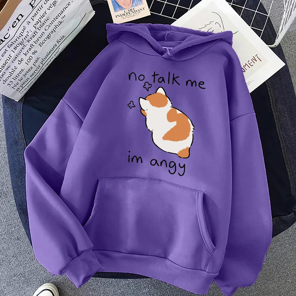 Sudadera con capucha con estampado de gato enojado para mujer, sudaderas suaves, jerséis de lana informales, ropa de calle de lana de gran tamaño para mujer