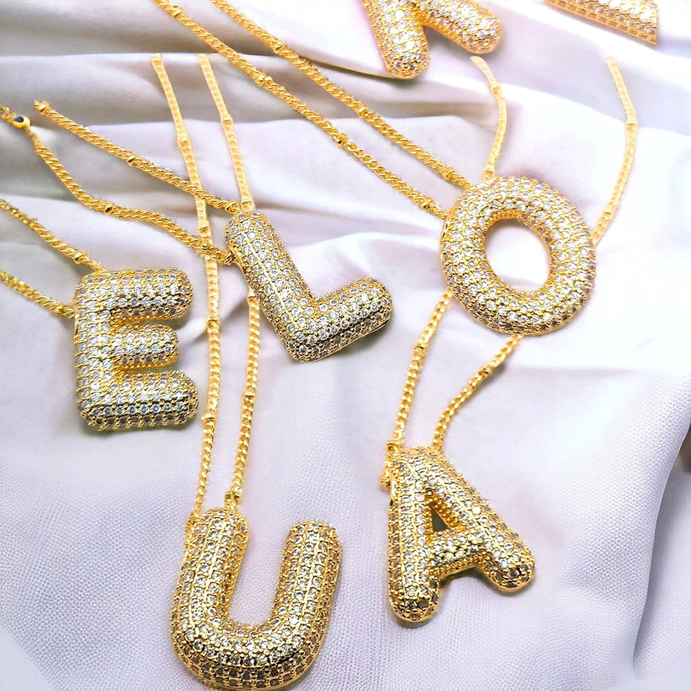 Collar con inicial de globo de circonita cúbica, colgante con letra burbuja del alfabeto AZ, chapado en oro y latón, para mujer, joyería de moda