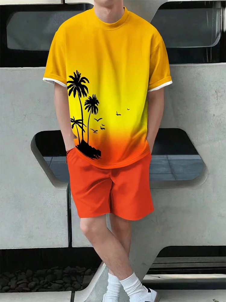Conjunto de 2 piezas de verano vibrante para hombre, camiseta elegante e informal para hombre, pantalones cortos de playa para exteriores, estampado , cuello redondo y mangas cortas.