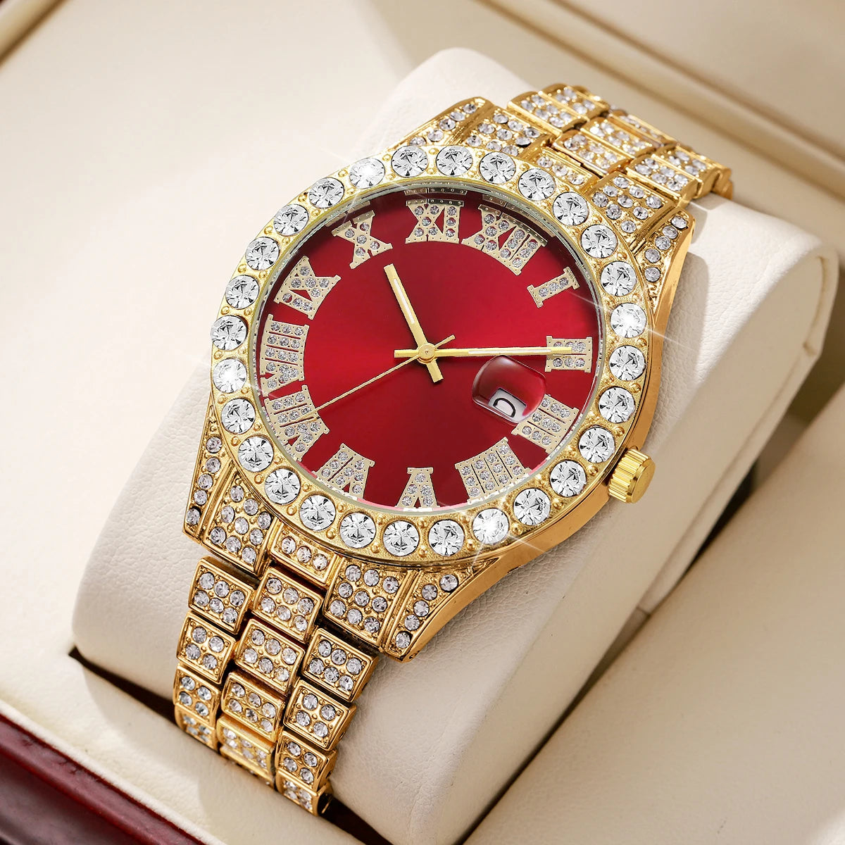 Reloj de pulsera de cuarzo para hombre, de acero inoxidable, con diamantes, calendario y fecha.