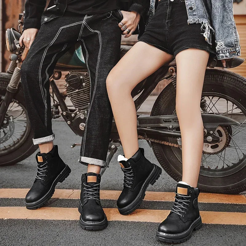 Botas altas de cuero para hombre y mujer, zapatos de alta calidad, zapatillas de deporte para exteriores, botines antideslizantes con cordones para pareja