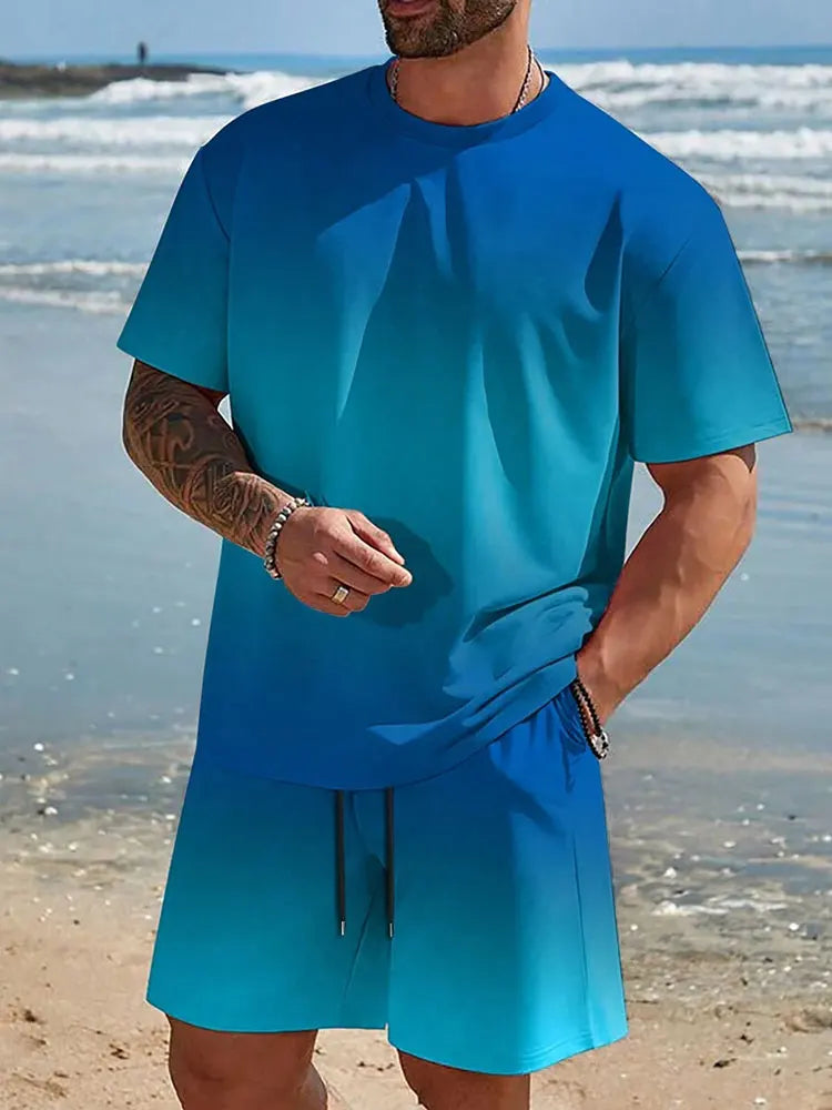 Conjunto de 2 piezas de verano vibrante para hombre, camiseta elegante e informal para hombre, pantalones cortos de playa para exteriores, estampado , cuello redondo y mangas cortas.