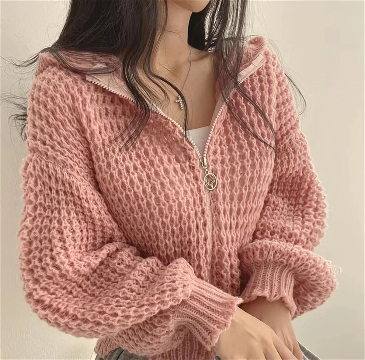 Suéter de punto coreano para mujer, abrigo de moda de otoño e invierno, Sudadera con capucha lisa, cárdigan con cremallera, chaqueta informal de estilo perezoso de calle para mujer
