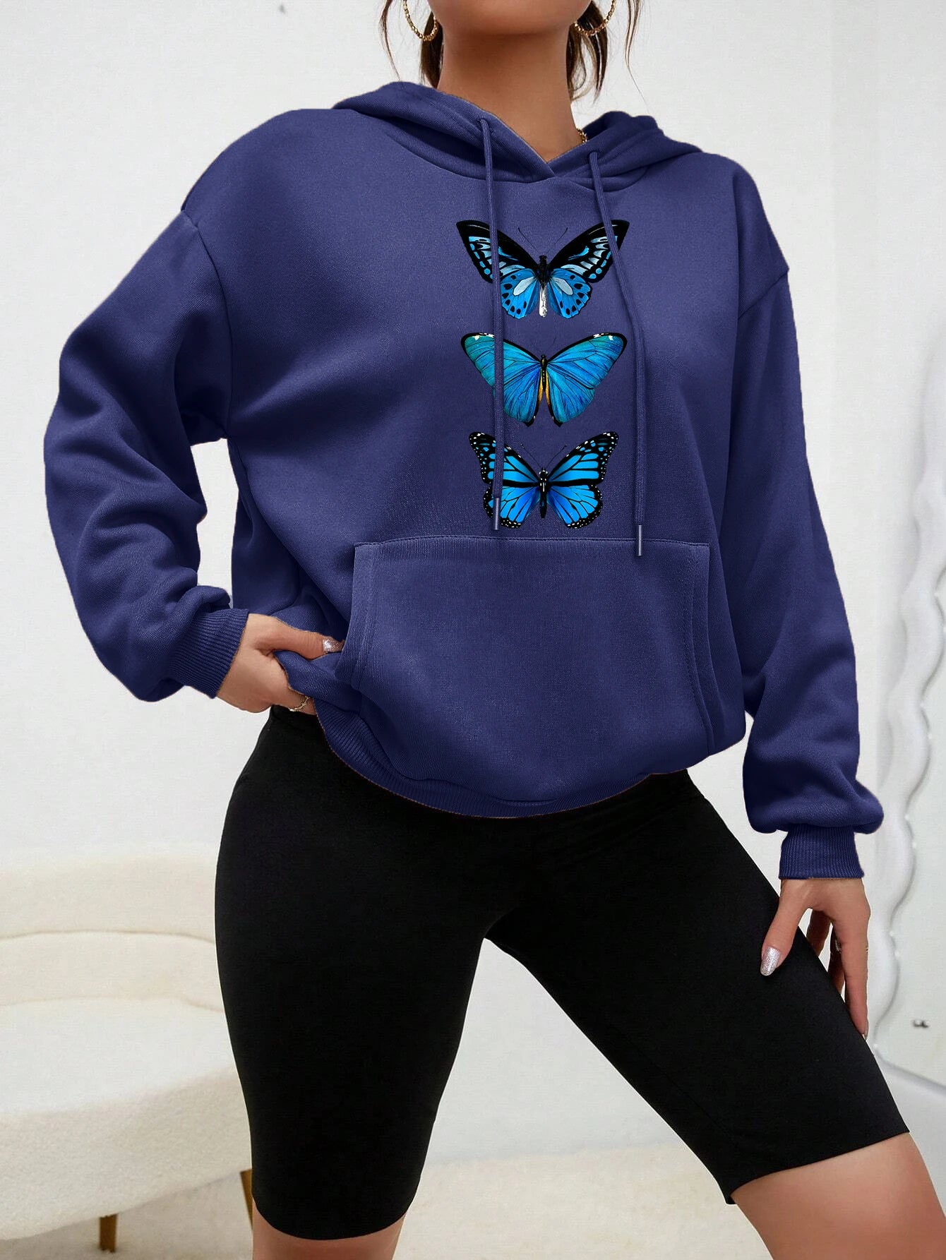 Sudadera con capucha con estampado de mariposa creativa para mujer, sudadera informal de calle, Sudadera con capucha de lana a la moda