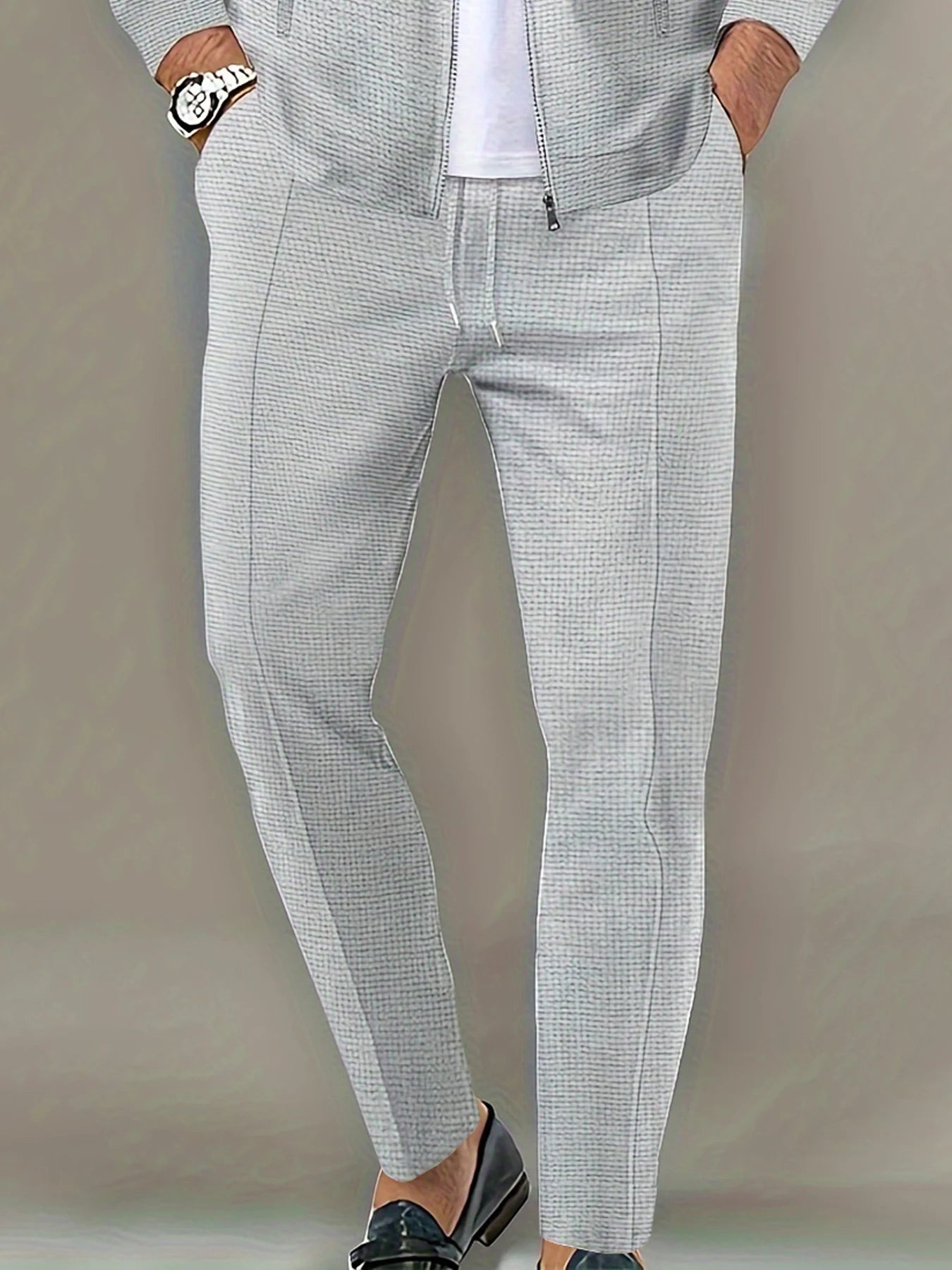 Pantalones largos de tela tipo gofre de tiro medio para hombre, pantalones elegantes y ligeros, adecuados para todas las estaciones