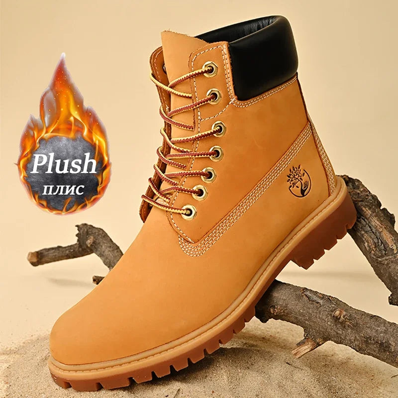 Botas altas de cuero para hombre y mujer, zapatos de alta calidad, zapatillas de deporte para exteriores, botines antideslizantes con cordones para pareja