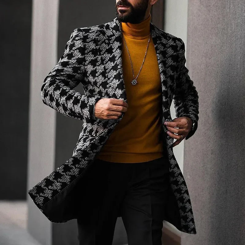 Abrigo con cuello de traje de longitud media para hombre, chaqueta de invierno con estampado transfronterizo