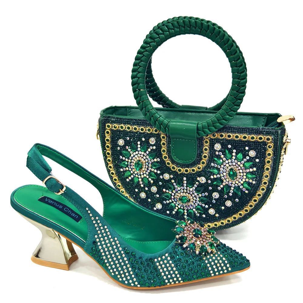 zapatos italianos para mujer y bolso, conjunto de Color fucsia, tacones altos cómodos con diamantes de imitación