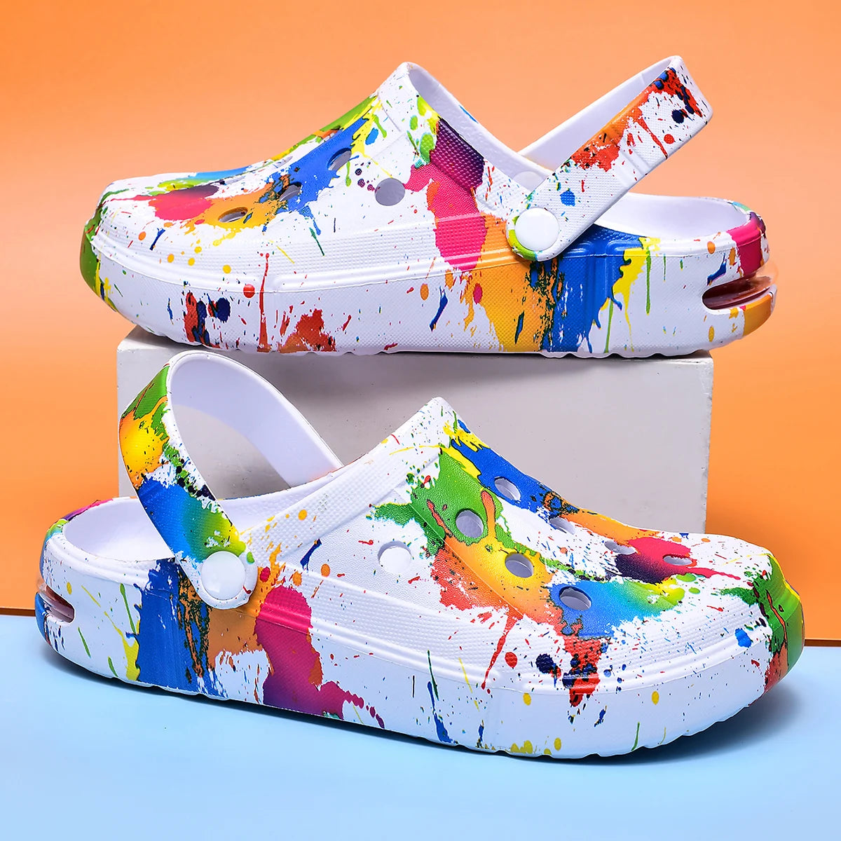 Sandalias tipo zueco para hombre y mujer, estilo pareja, con estampado de inyección de tinta, con amortiguación de aire, transpirables, para playa, para exteriores, con suela gruesa
