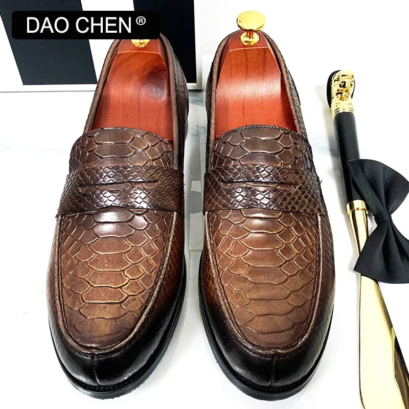 CHAUSSURES EN CUIR DE LUXE POUR HOMMES, CAFÉ NOIR, À ENFILER, IMPRIMÉ SERPENT, CHAUSSURES DÉCONTRACTÉES POUR HOMMES, MARIAGE, BUREAU, BANQUET, Mocassins, Chaussures pour hommes