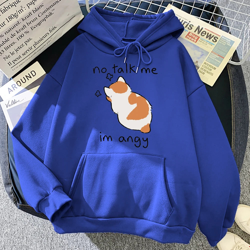 Sudadera con capucha con estampado de gato enojado para mujer, sudaderas suaves, jerséis de lana informales, ropa de calle de lana de gran tamaño para mujer