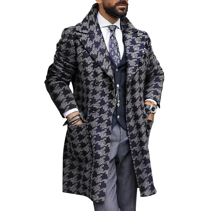 Abrigo con cuello de traje de longitud media para hombre, chaqueta de invierno con estampado transfronterizo