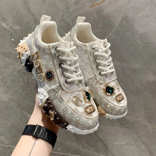 lujosas zapatillas de diamantes de imitación para mujer, zapatos de diseñador vulcanizados de malla, nuevos zapatos casuales de suela gruesa