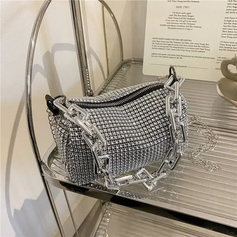 Bolso tipo cubo con diamantes de imitación, bolso de fiesta con cadena brillante, mini bolso cruzado para mujer