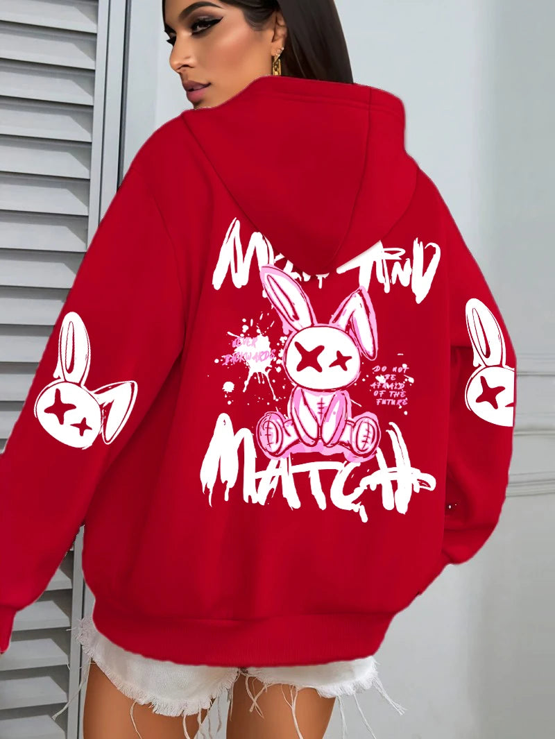 Sudadera con capucha con estampado de conejo de dibujos animados para mujer, ropa informal con bolsillo, Sudadera holgada , ropa femenina de lana que combina con todo