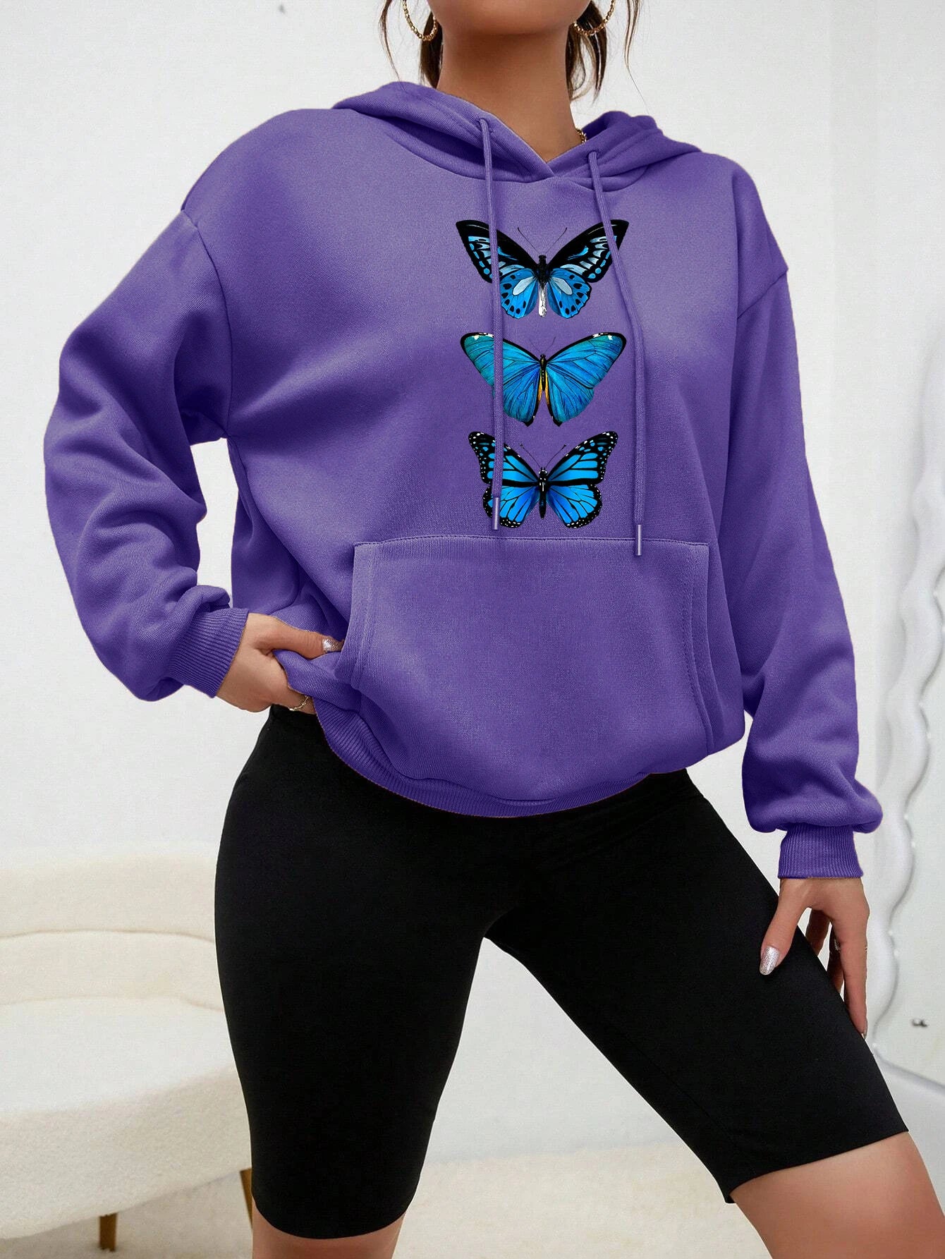 Sudadera con capucha con estampado de mariposa creativa para mujer, sudadera informal de calle, Sudadera con capucha de lana a la moda