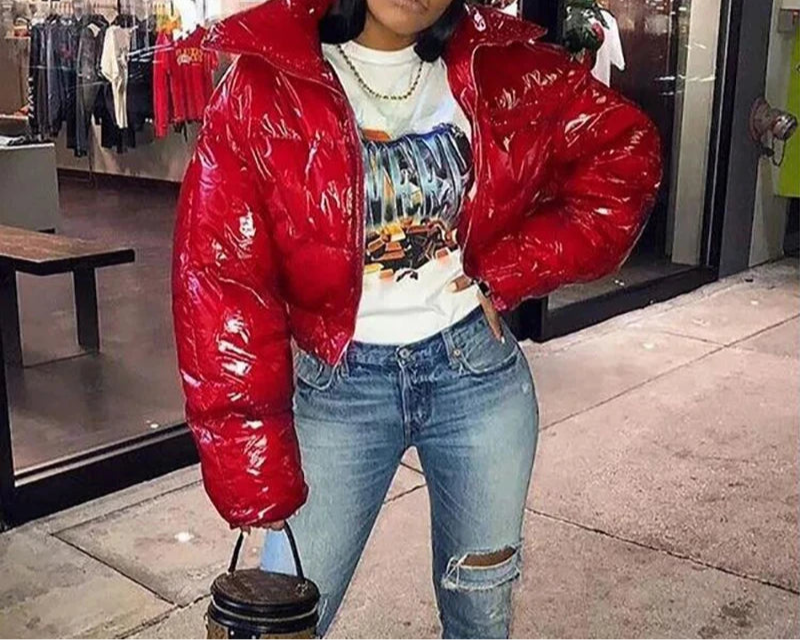 Veste, Hiver Y2K Col Roulé Fermeture Éclair Manches Longues Brillant Pu Épais Cardigan Manteau Femmes Neige Chaud Mince Décontracté Streetwear Automne