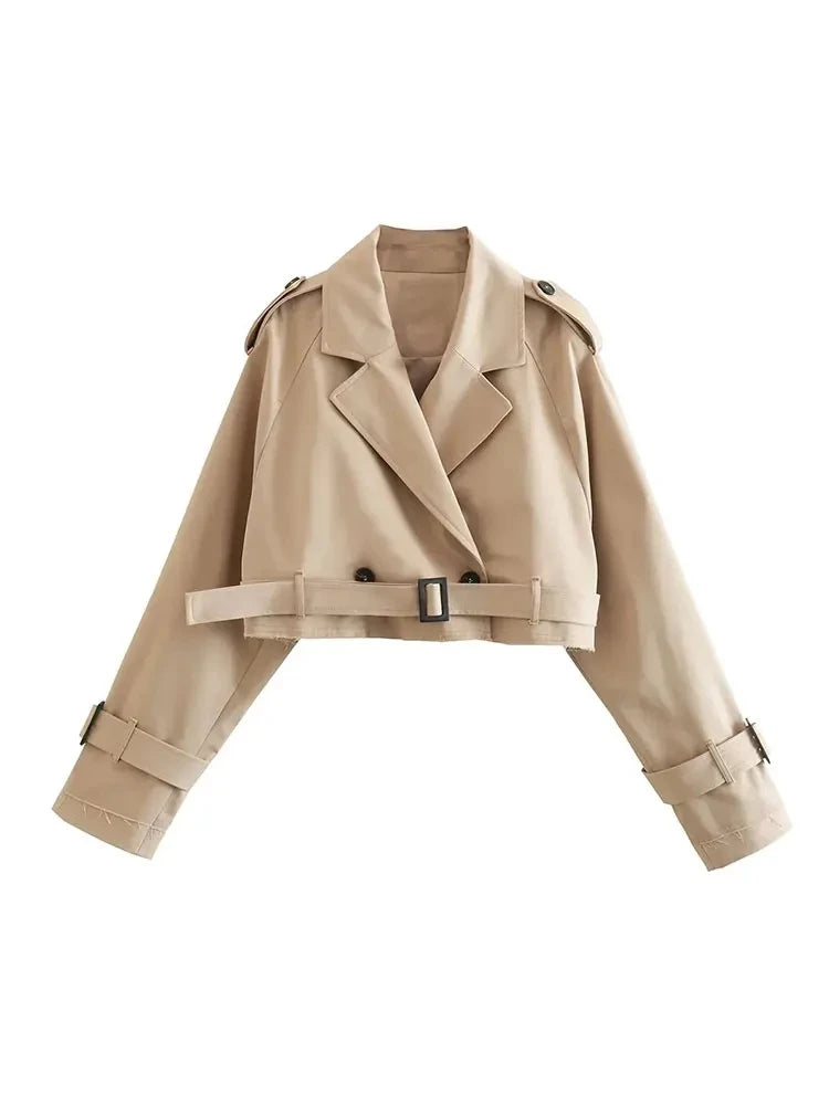Gabardina recortada con cinturón para mujer, chaqueta de primavera, ropa de calle Vintage, Top de manga larga con doble botonadura, trajes de abrigo para mujer