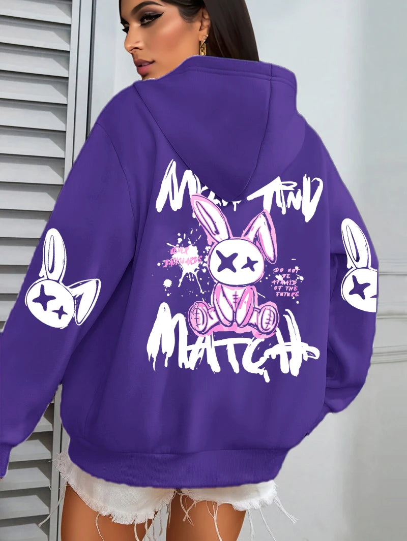 Sudadera con capucha con estampado de conejo de dibujos animados para mujer, ropa informal con bolsillo, Sudadera holgada , ropa femenina de lana que combina con todo