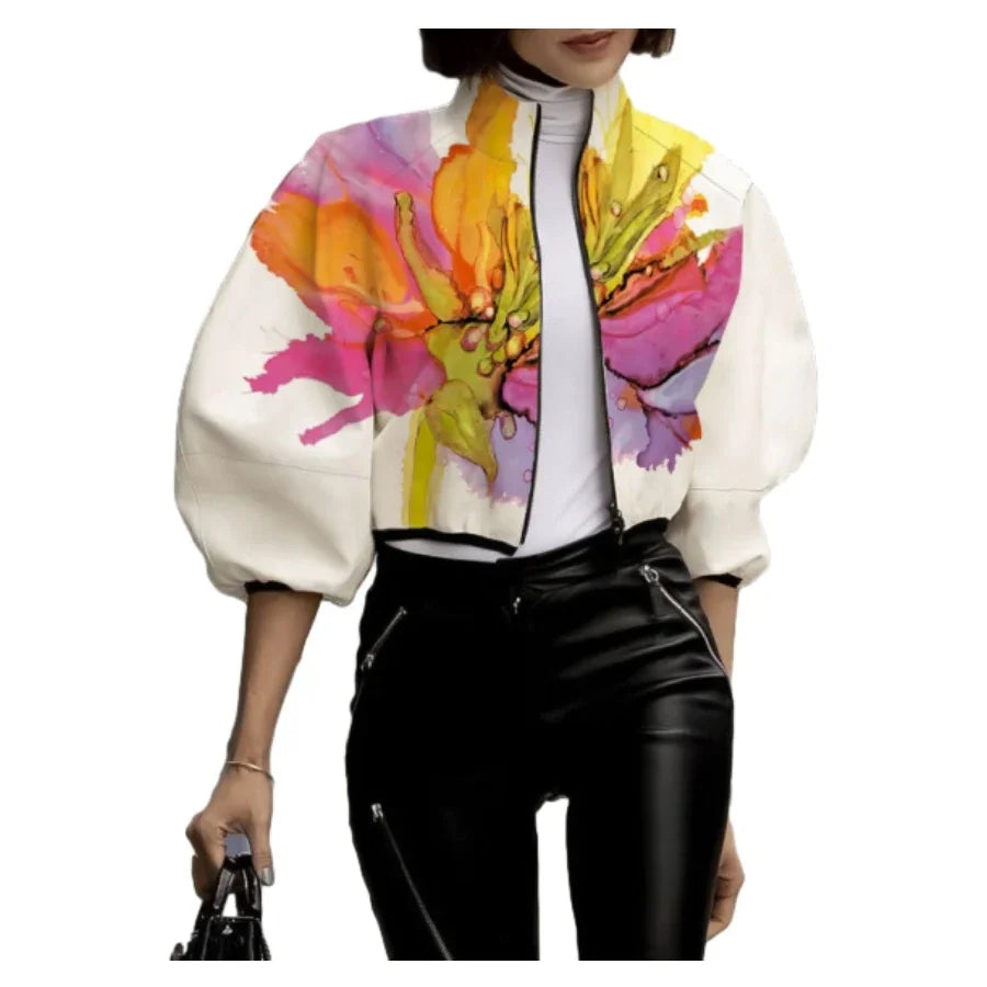 Chaqueta con estampado Floral para mujer, abrigo holgado de media manga con cremallera y cuello alto, otoño