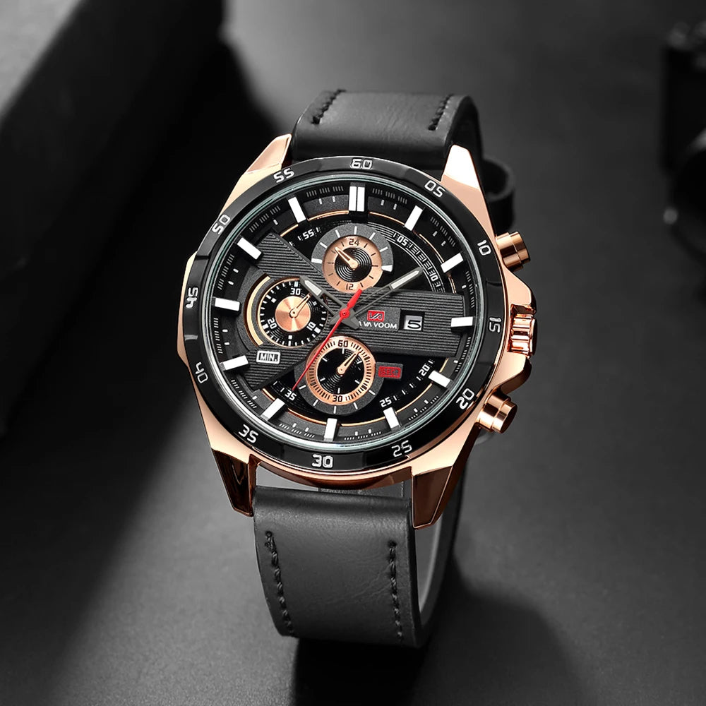 Reloj deportivo para hombre, de cuero, estilo de carreras, informal, de moda, original, negro, oro rosa, calendario, reloj de cuarzo.