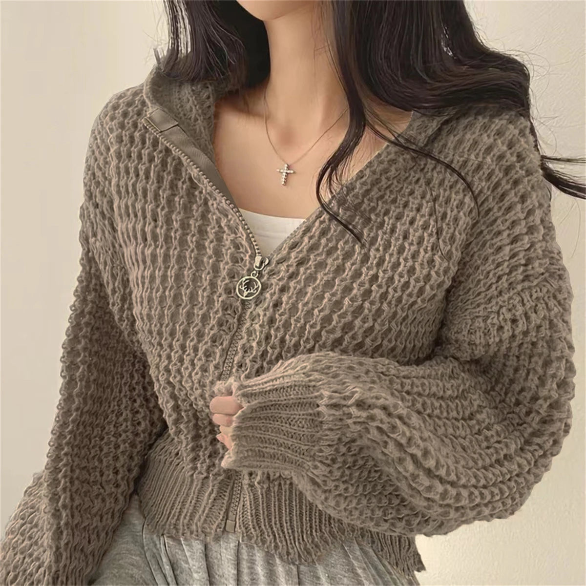 Suéter de punto coreano para mujer, abrigo de moda de otoño e invierno, Sudadera con capucha lisa, cárdigan con cremallera, chaqueta informal de estilo perezoso de calle para mujer