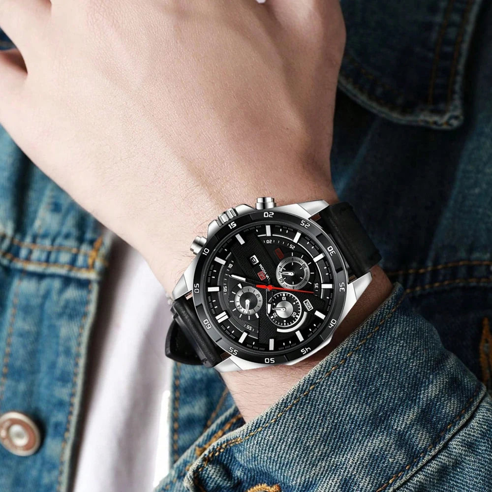 Reloj deportivo para hombre, de cuero, estilo de carreras, informal, de moda, original, negro, oro rosa, calendario, reloj de cuarzo.