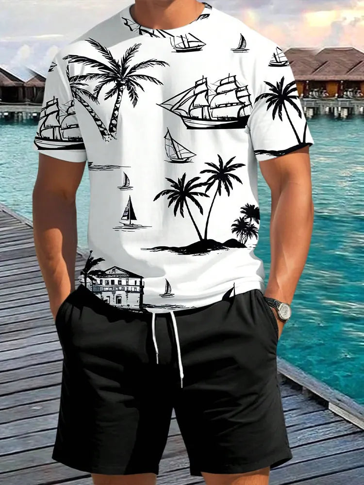 Conjunto de 2 piezas de verano vibrante para hombre, camiseta elegante e informal para hombre, pantalones cortos de playa para exteriores, estampado , cuello redondo y mangas cortas.