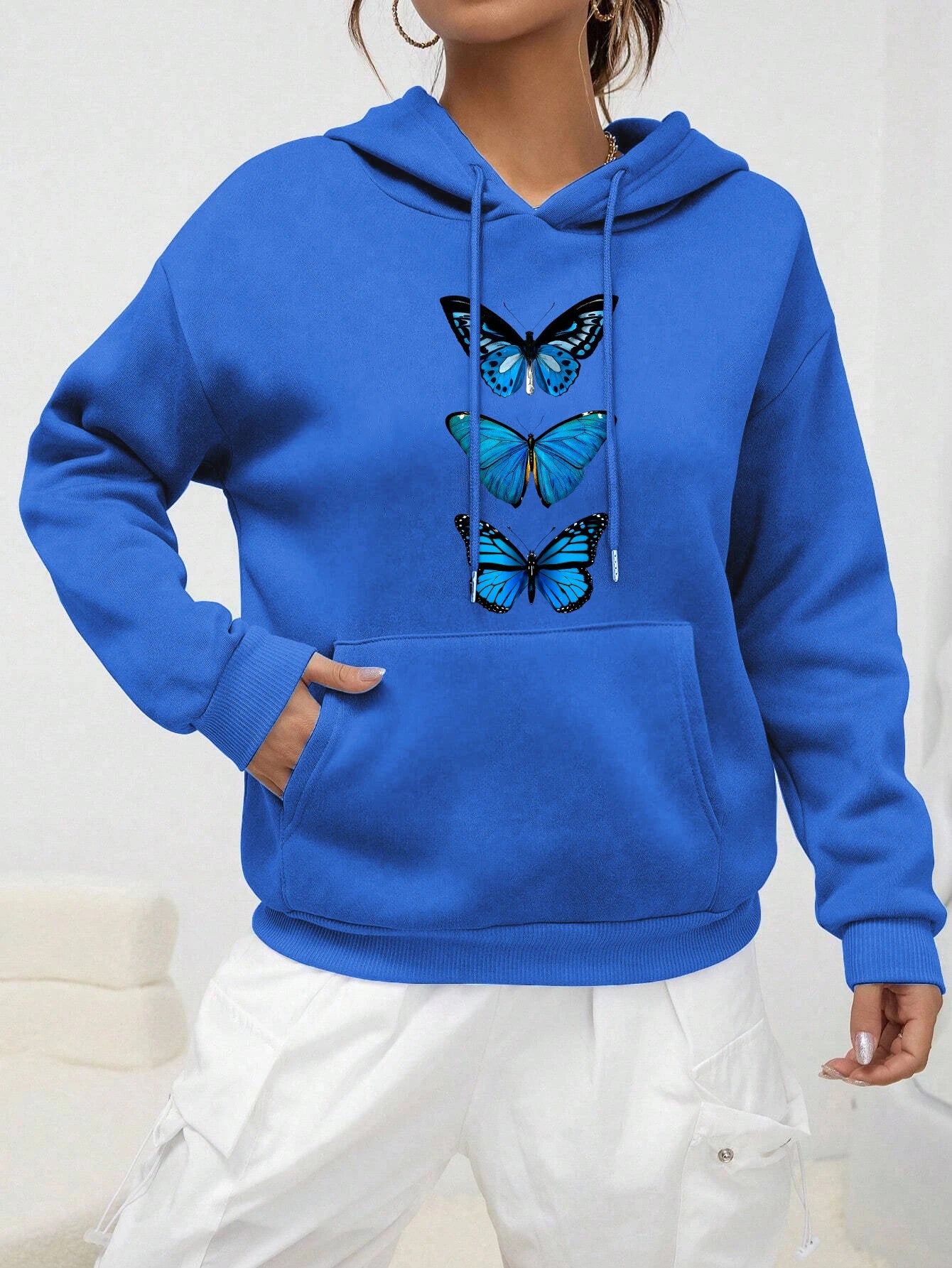 Sudadera con capucha con estampado de mariposa creativa para mujer, sudadera informal de calle, Sudadera con capucha de lana a la moda