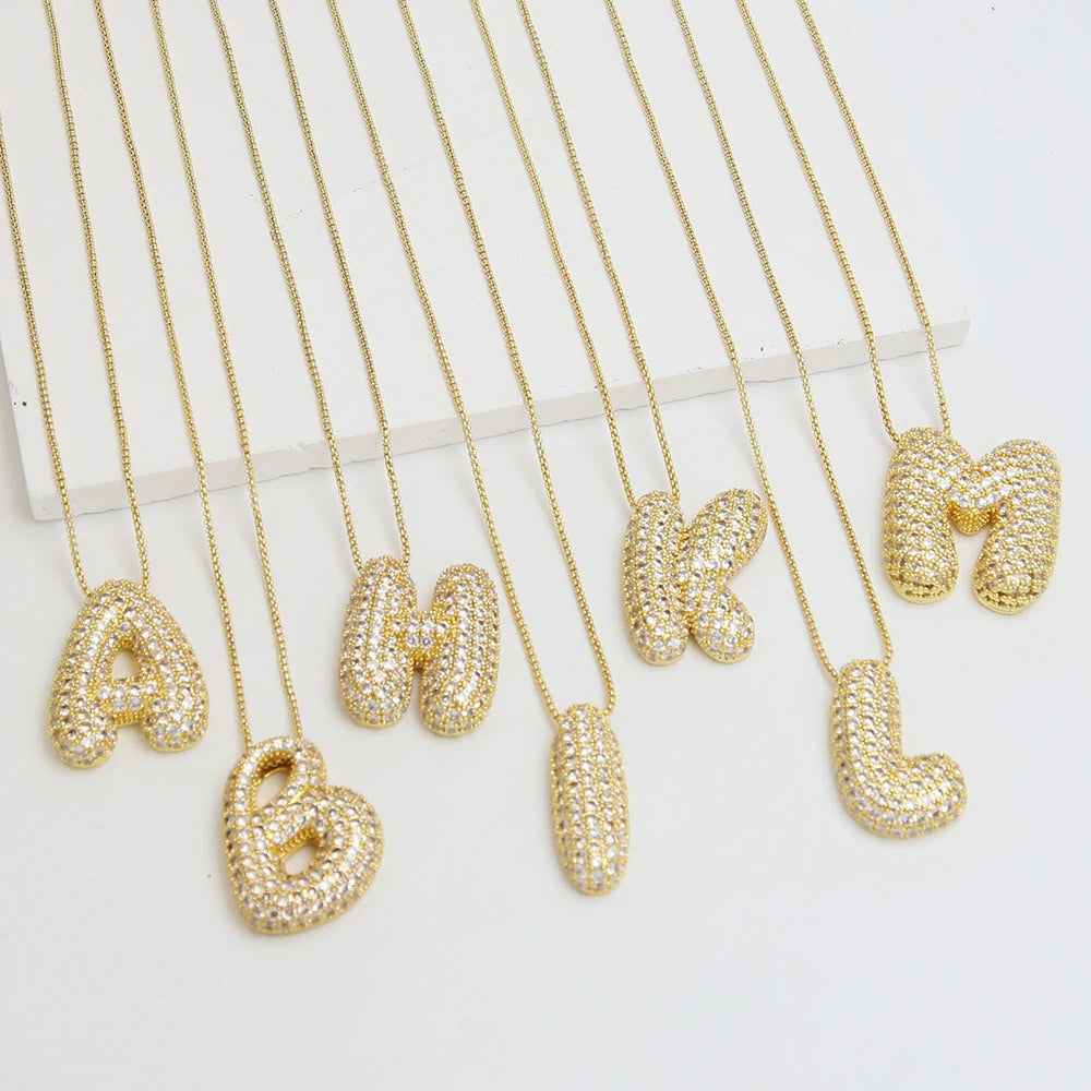 Collar con letras gruesas de circonita cúbica pavé de color dorado para mujeres y hombres, collar con inicial de burbuja del alfabeto, joyería delicada, regalo de bisutería