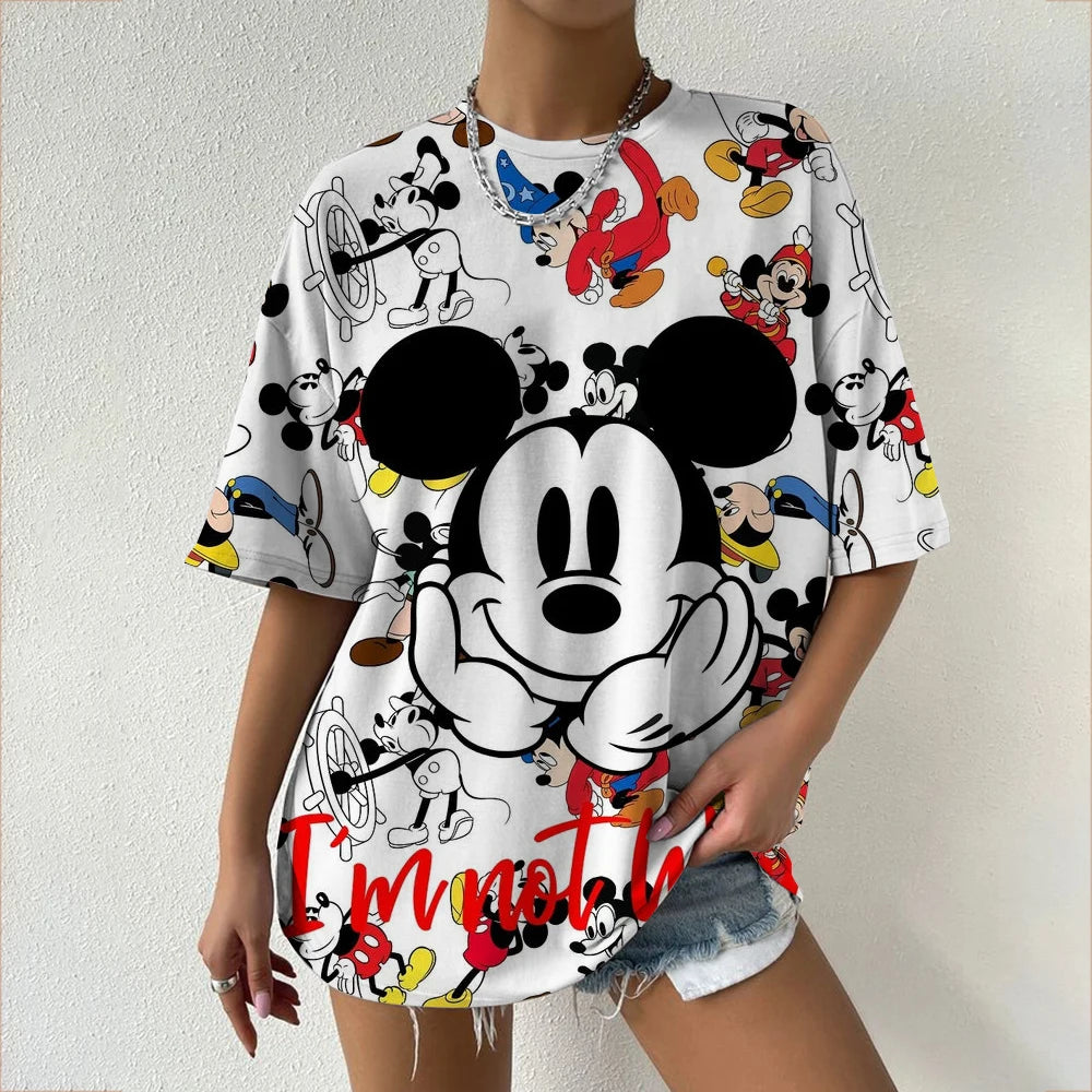 Camiseta de verano de manga corta para mujer, con estampado de cuello redondo