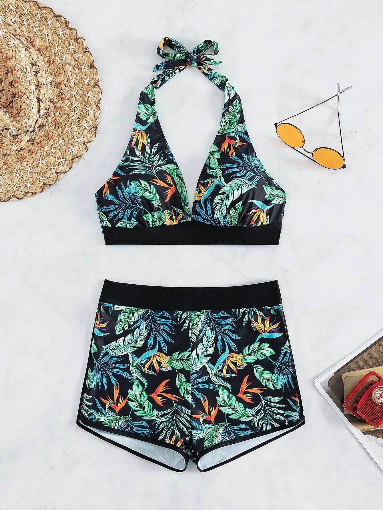 Conjunto de bikini estilo halter 2025, traje de baño corto de cintura alta para mujer, bañador estampado para mujer, traje de baño para playa