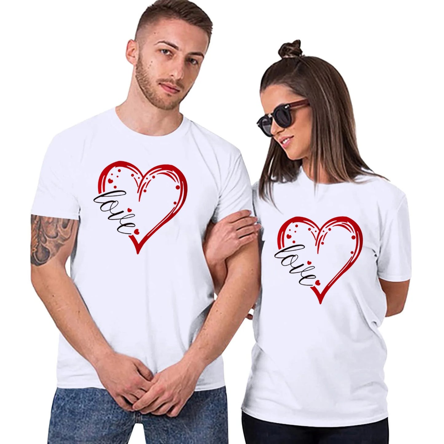 Camiseta de manga corta con estampado de corazón para parejas, cuello redondo, holgada, para amantes, para hombre y mujer