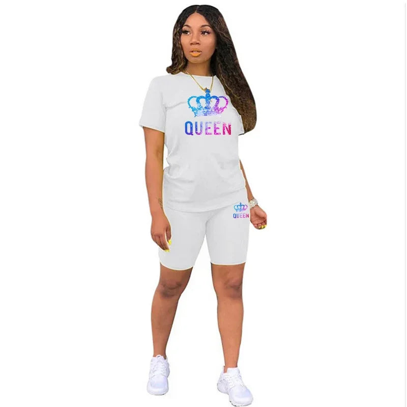 Conjunto deportivo de dos piezas con estampado Queen de colores para mujer, camiseta y pantalones cortos, estilo casual, para correr, de lujo, para viajes de verano.