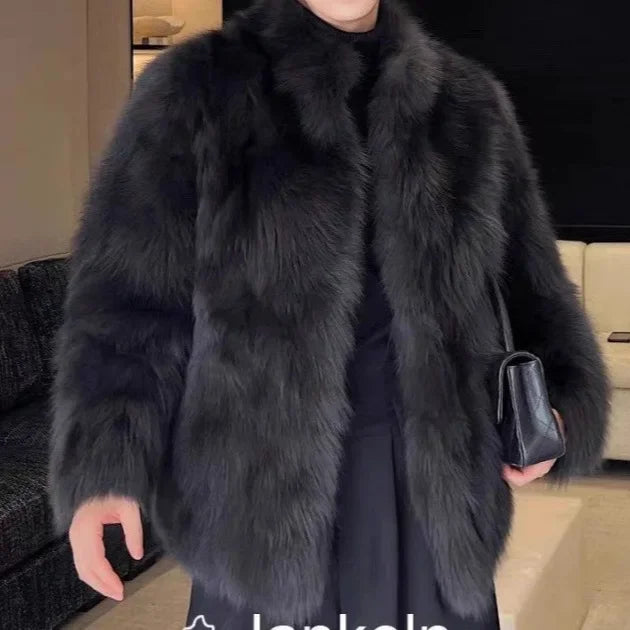 Abrigo de piel sintética grueso para hombre, nuevo estilo de invierno, cuero y piel integrados, abrigo de abrigo para hombre con apariencia de zorro negro de