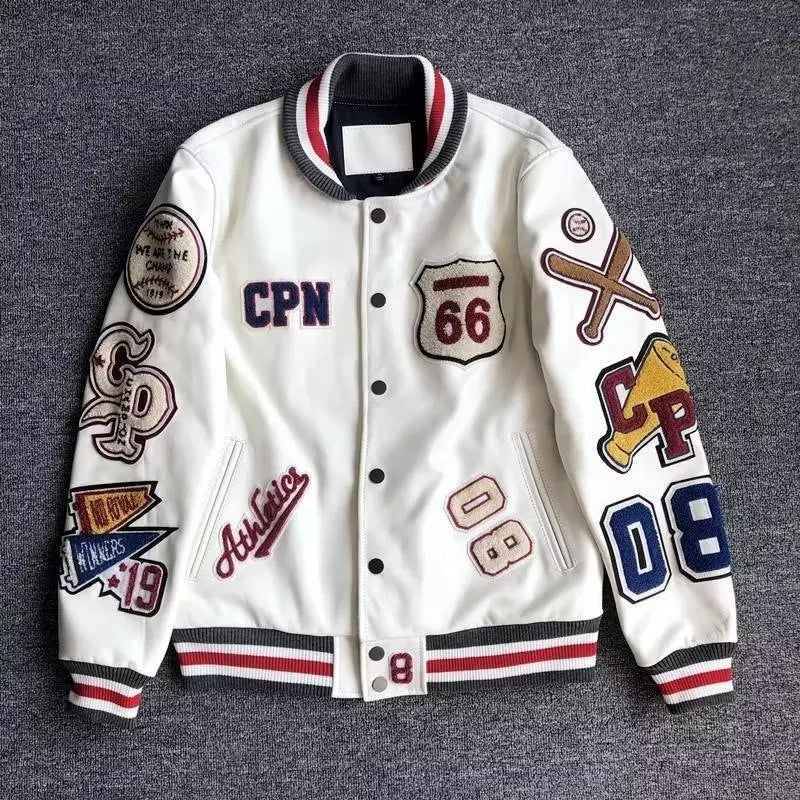 Vestes d'uniforme de baseball Y2K Veste en cuir tendance rétro Broderie multi-lettres Manteau court blanc Printemps et automne Hommes