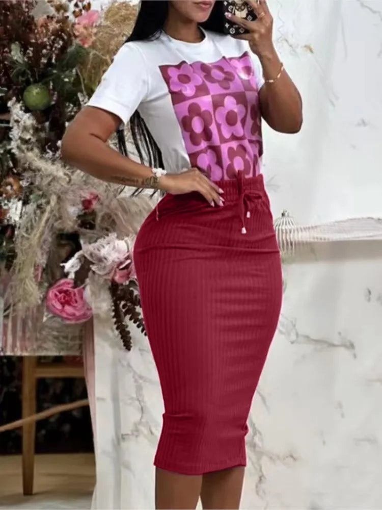 Conjunto de camiseta y vestido de manga corta informal para mujer, conjunto de oficina para primavera y verano, blusa con estampado elegante, falda lisa, conjunto de dos piezas para mujer
